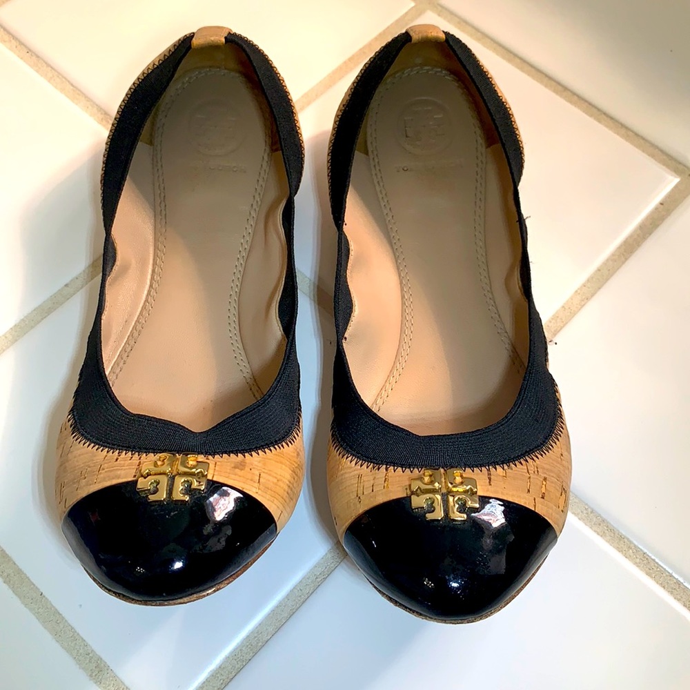 Tory Burch size 8.5 two-tone black and tan flats.